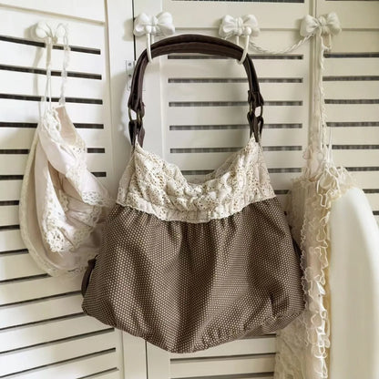 Lace Tote Bag Women's Retro Polka Dot Shoulder Bag