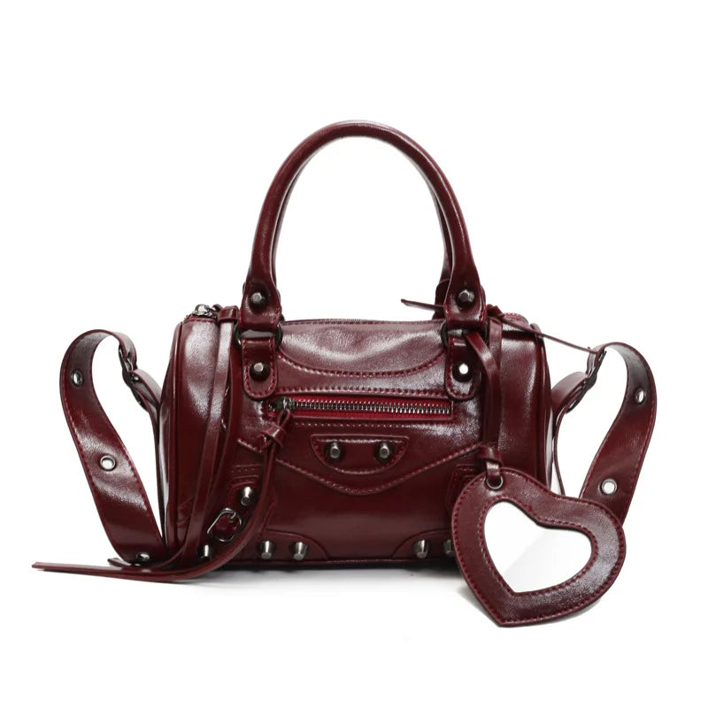 Mini Leather Cylinder Bag – Rivet Crossbody Handbag for Women