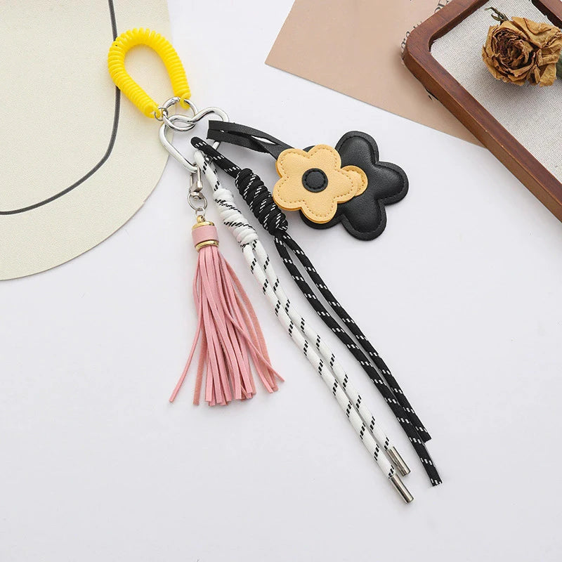 Leather Flower Tassel Keychain Bag Charm with Braided Rope