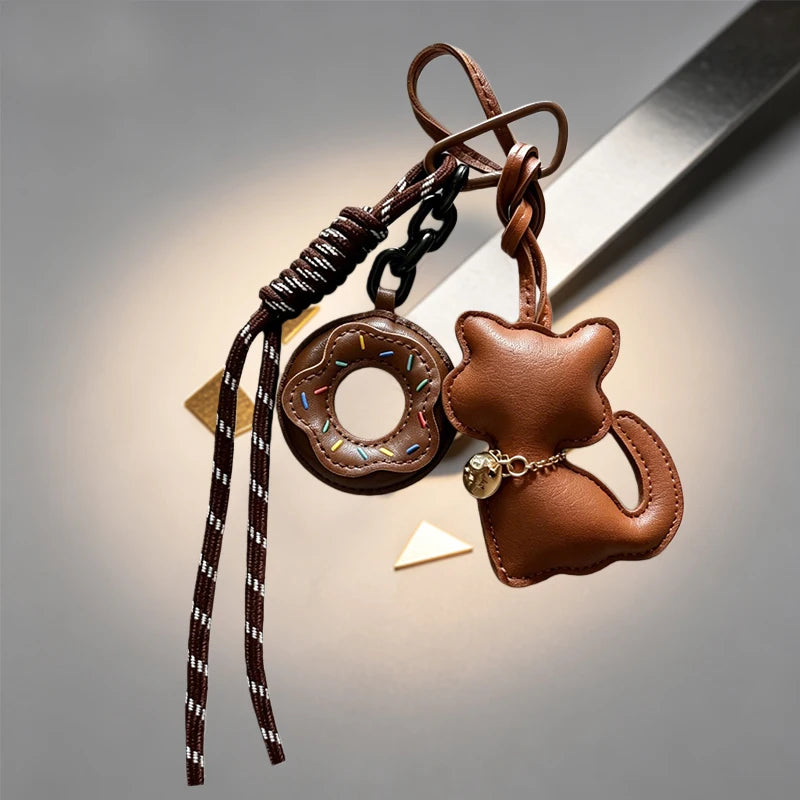 Cat Keychain – Cute Leather Cat & Donut Bag Charm with Tassel