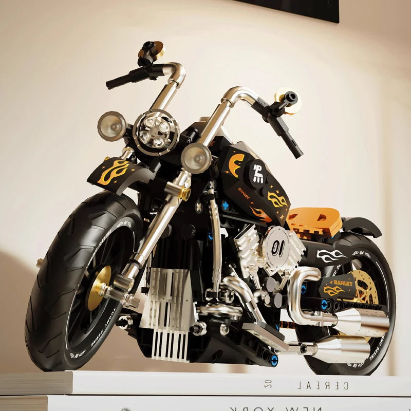 Retro Motorcycle Building Blocks Model – Black Chopper Brick Set