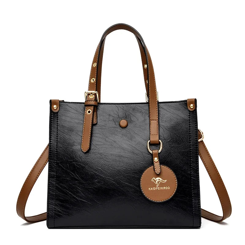 3-Layer Vintage Leather Tote Bag for Women