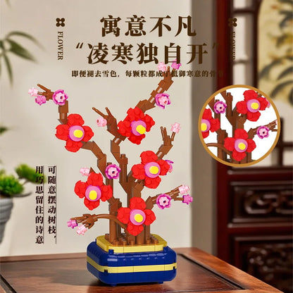 Micro Bonsai Building Blocks – Potted Plum Blossom & Succulent Plant Model