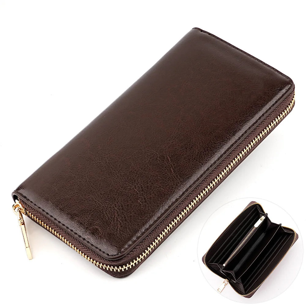 Women's Waxed Cowhide Long Zip-Around Clutch Wallet