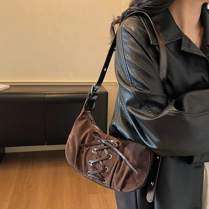 Moods Women Crescent Underarm Shoulder Bags Lacing Design Pu Suede Armpit Hobo Bag Winter Latest