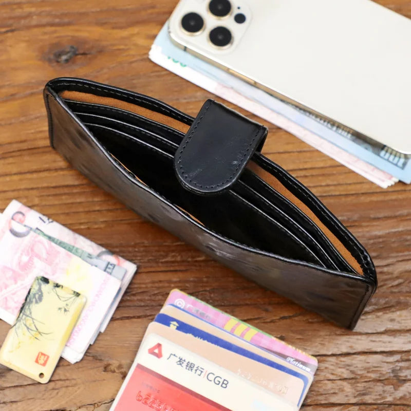 Genuine Leather Long Wallet – Retro Snap Closure Phone & Card Organizer