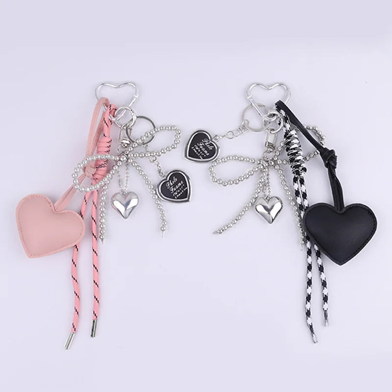 Heart Bow Keychain Beaded Leather Pendant Bag Charm