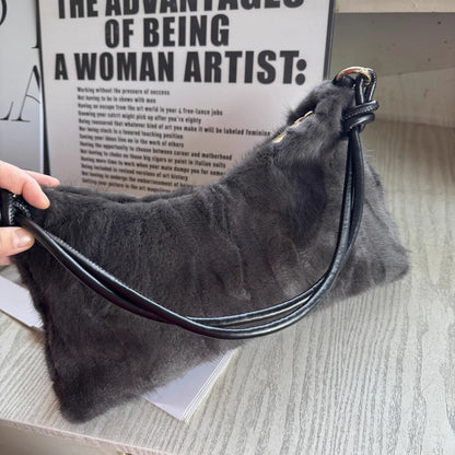 Mew Real Mink Fur Natural Cloud Winter Thick Bag Single Shoulder Women Fluffy Evening Ladies - Thick