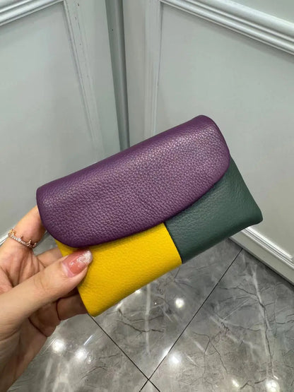 Patchwork Genuine Cowhide Leather Trifold Wallet with Magnetic Closure