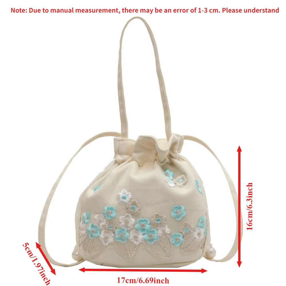 Floral Embroidery Drawstring Bucket Bag – Chinese Crossbody Handbag