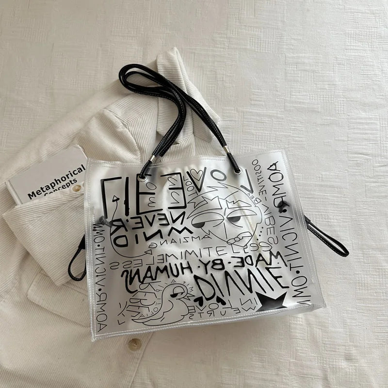 Transparent Pvc Jelly Tote Bag Inner Pouch Graffiti Letter Print Large Capacity Shoulder Summer