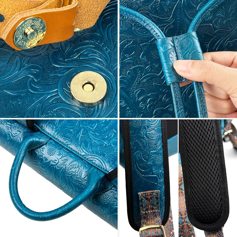 Genuine Leather Men's Backpack – Vintage Floral Embossed Laptop Bag