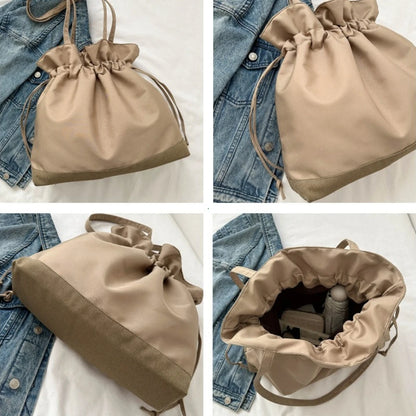 Large Nylon Bucket Bag Women's Casual Drawstring Shoulder Handbag