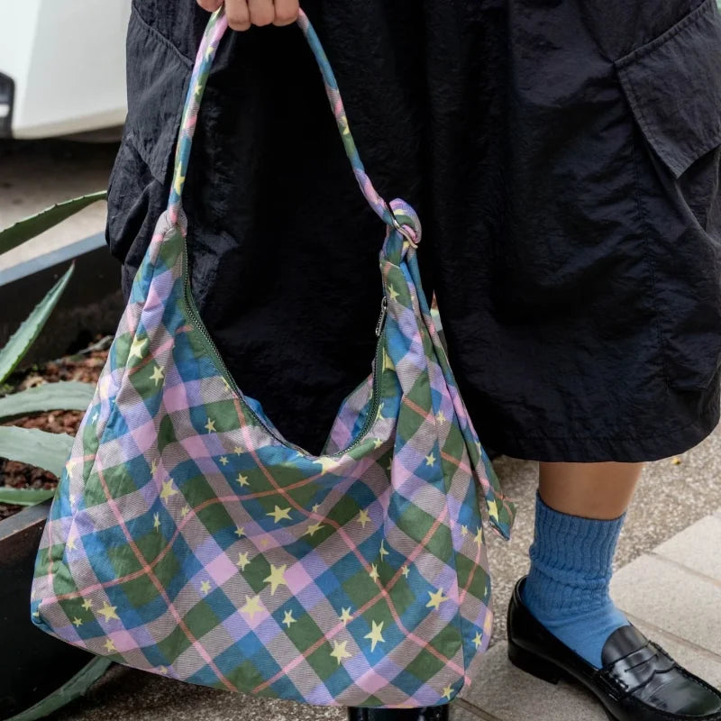 Plaid Nylon Tote Bag – Large Capacity Shoulder Handbag