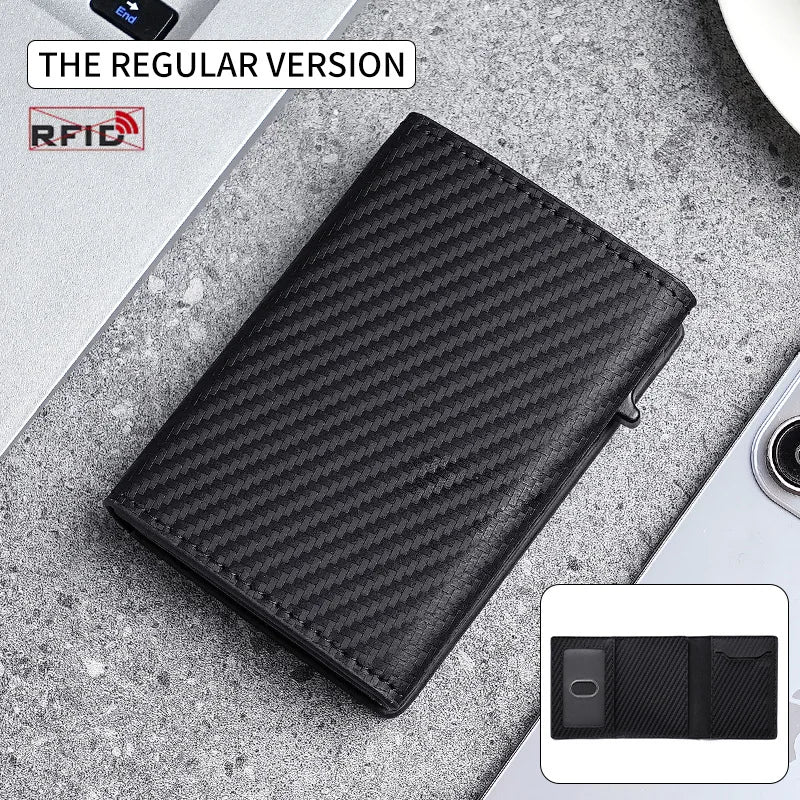 RFID Blocking Carbon Fiber Slim Wallet with AirTag Slot & Auto-Pop Card Holder