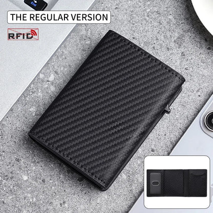 RFID Blocking Carbon Fiber Slim Wallet with AirTag Slot & Auto-Pop Card Holder