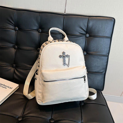 Rivet Cross Leather Backpack Large Capacity Commuter Bag