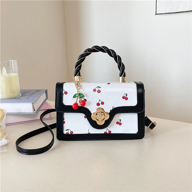 Cherry Print Crossbody Bag with Twisted Top Handle