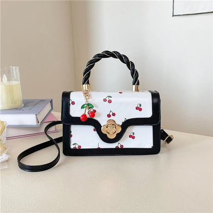 Cherry Print Crossbody Bag with Twisted Top Handle