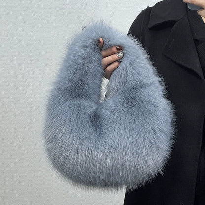Faux Fur Half Moon Bag for Women – Fluffy Mini Tote Handbag