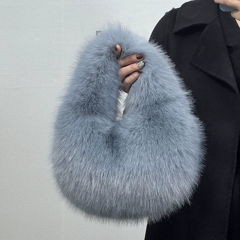Faux Fur Top Handle Bag for Women – Fluffy Wrist Knot Mini Tote