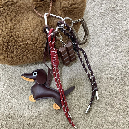 Dachshund Keychain Leather Dog Bag Charm with Braided Rope