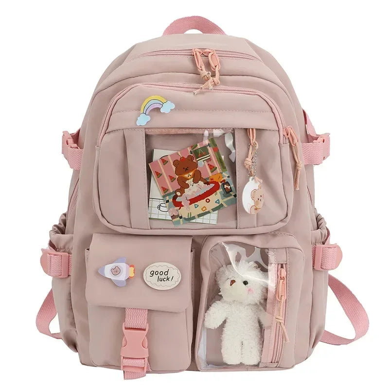 Kawaii Aesthetic Backpack for Teen Girls – Cute School Bag with Plush Pendant