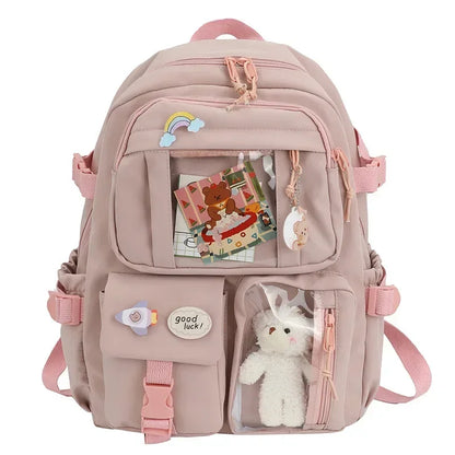 Kawaii Aesthetic Backpack for Teen Girls – Cute School Bag with Plush Pendant
