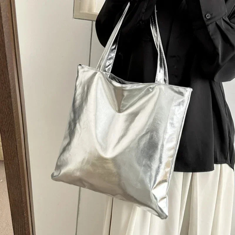 Metallic Tote Bag for Women – Shiny PU Leather Shoulder Bag