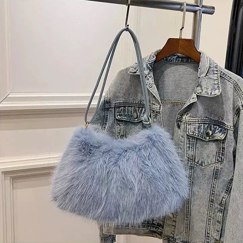 Faux Rabbit Fur Plush Shoulder Bag – Women's Luxury Tote