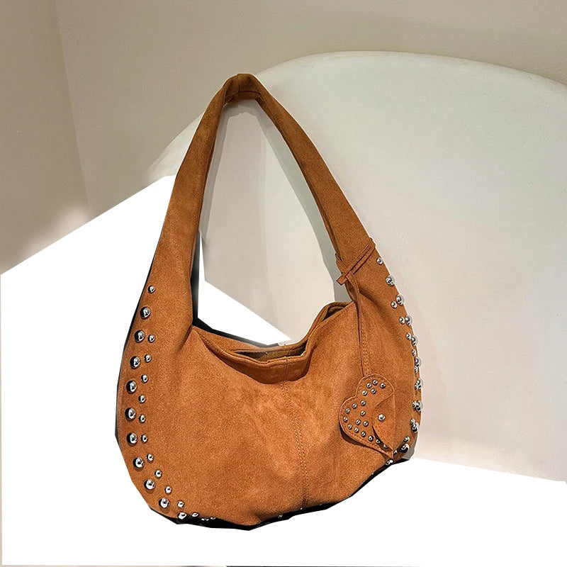 Rivet Studded Hobo Shoulder Bag – Women's Half Moon Tote