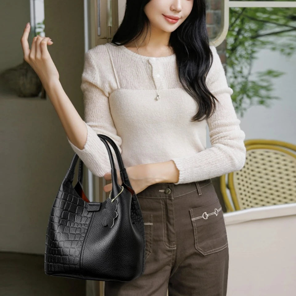Crocodile-Embossed PU Leather Bucket Bag – Women's Hobo Tote & Crossbody