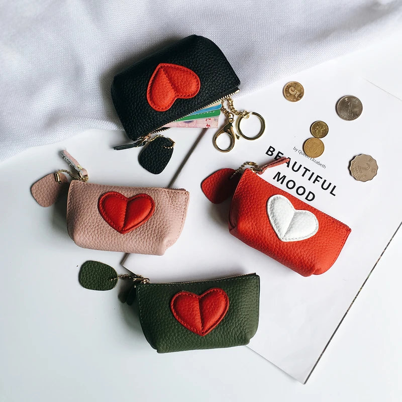 Leather Heart Coin Purse with Key Ring – Women's Mini Wallet