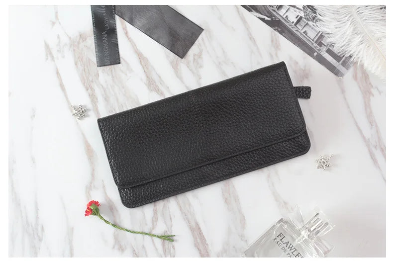 Women's Genuine Leather Long Wallet – Slim Flat Cowhide Purse with Card Slots