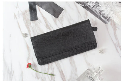 Women's Genuine Leather Long Wallet – Slim Flat Cowhide Purse with Card Slots