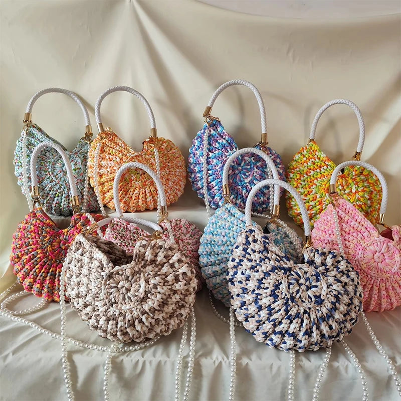 Crochet Conch Shoulder Bag with Pearl Chain – Handmade Woven Bag