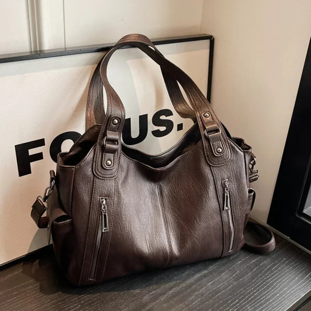 Women's PU Leather Shoulder Bag with Zipper Pockets