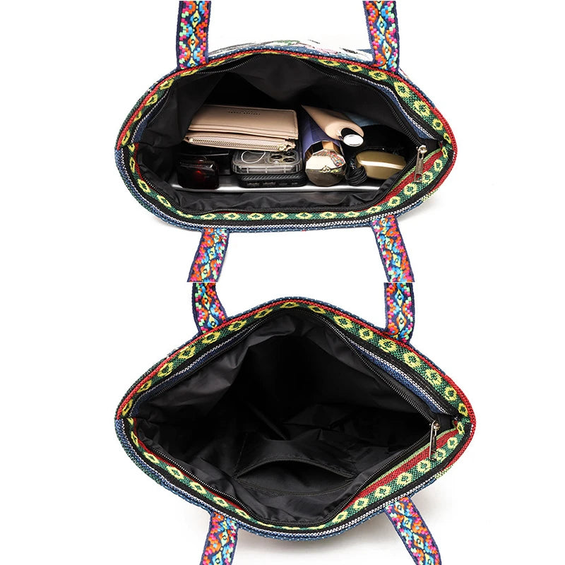 Embroidered Canvas Tote Bag – Ethnic Boho Shoulder Handbag