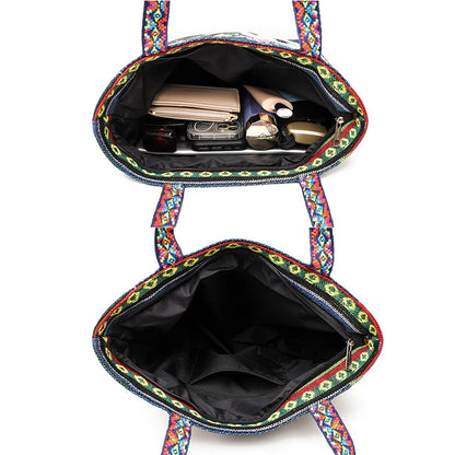 Embroidered Canvas Tote Bag – Ethnic Boho Shoulder Handbag