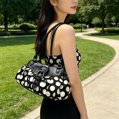 Polka Dot Shoulder Bag – Vintage Y2K Pleated Handbag with Belt Buckle
