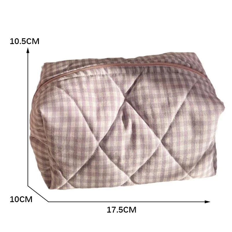 Checkered Floral Makeup Bag Large Capacity Portable Cosmetic Storage Cotton Quilted Wash Skincare
