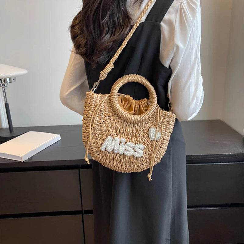 Round Straw Tote Bag – Pearl MISS Letter Woven Handbag