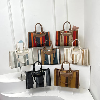 Moods Classic Striped Shoulder Tote Bags Women Large Capacity Shopping Top-Handle Bag Luxury