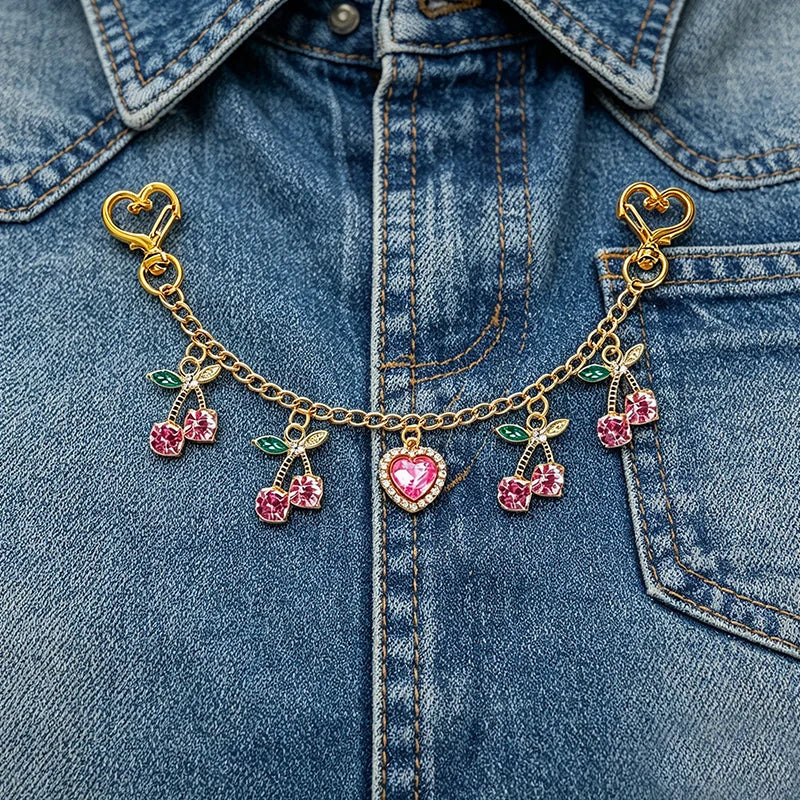 Cherry & Heart Bag Charm – Glass Stone Chain Jewelry Pendant