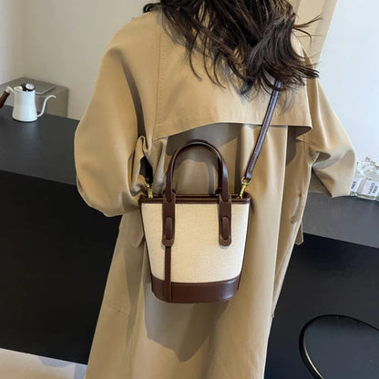 Versatile Pu Canvas Bucket Shoulder Crossbody Bags Simple Casual Sense Luxury Retro Handbags Women