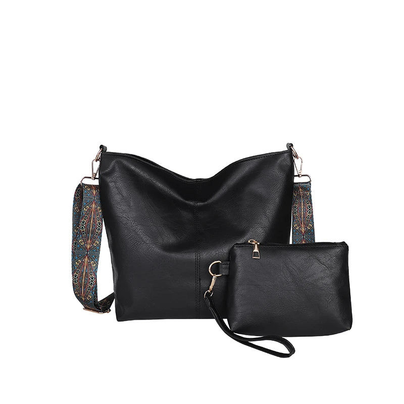 PU Leather Crossbody Bag with Wide Boho Strap + Wristlet Pouch