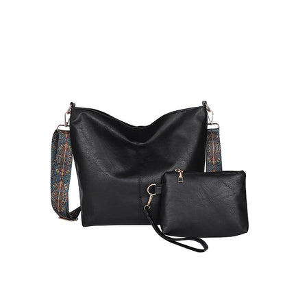 PU Leather Crossbody Bag with Wide Boho Strap + Wristlet Pouch