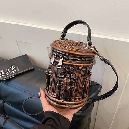 3D Baroque Embossed Bucket Bag – Retro Crossbody Handbag