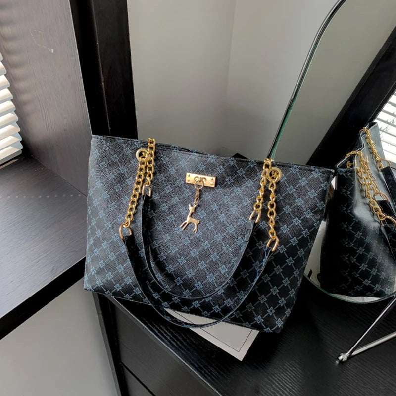 Large Capacity Women's Tote Bag with Gold Chain Strap & Print