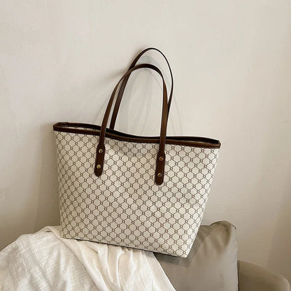 Large Capacity Tote Bag for Women – Monogram PU Leather Shoulder Bag